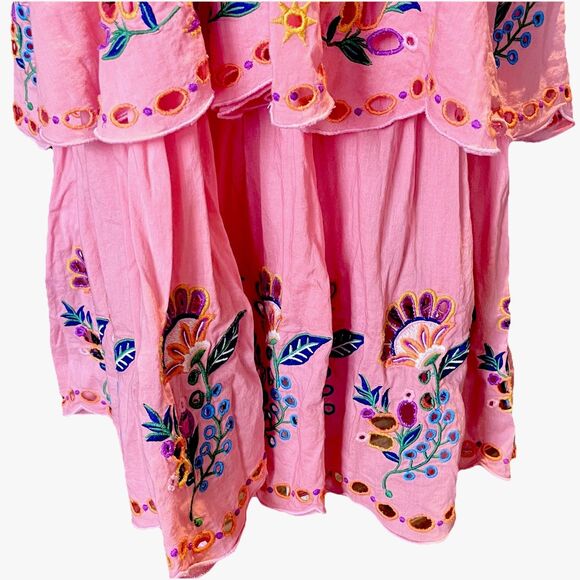 Farm Rio Richelieu Crossed Front Midi Dress Medium Pink Embroidered A Line - Picture 7 of 16